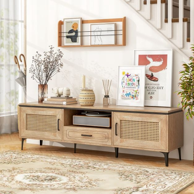 Mid-Century Modern TV Stand, Oak, 2 Cabinets, Drawer