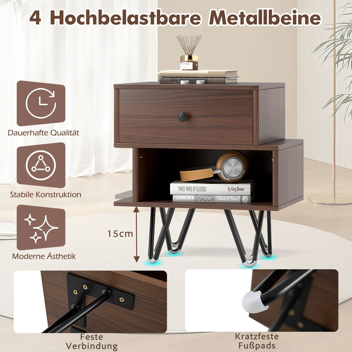 Mid-Century Nightstand Set with Drawer & Open Shelf