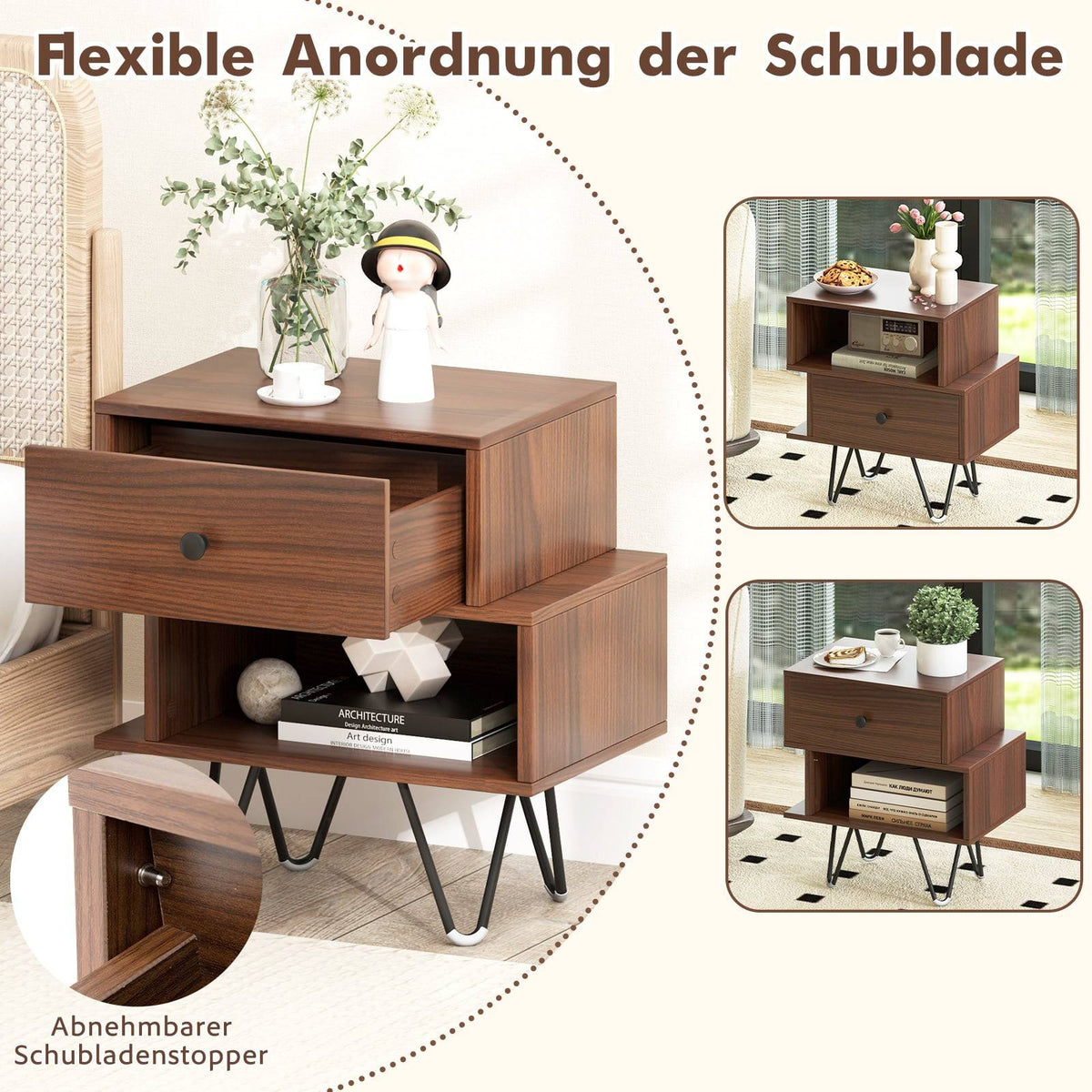 Mid-Century Nightstand Set with Drawer & Open Shelf