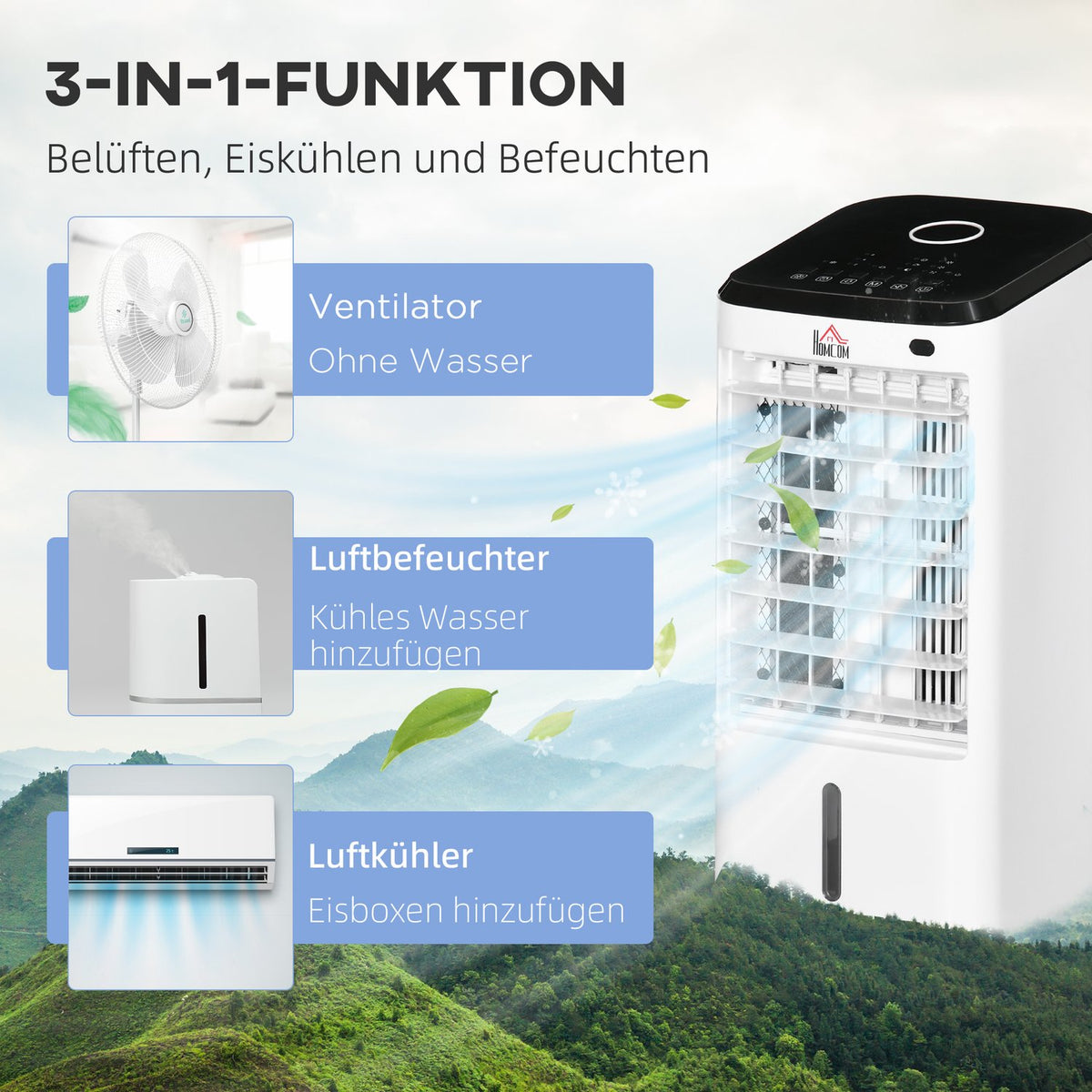 Mini Air Conditioner 3-In-1 Humidifier, Portable Air Cooler, Fan With 3 Levels, 60° Oscillation, Timer, Remote Control
