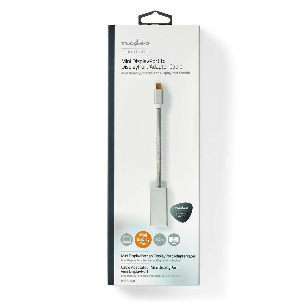 Mini Displayport Cable | DisplayPort 1.2 | Mini DisplayPort Male | DisplayPort Female | 21.6 Gbps | Gold Plated | 0.20 m | Round | Braided | Silver | Carton with covered window