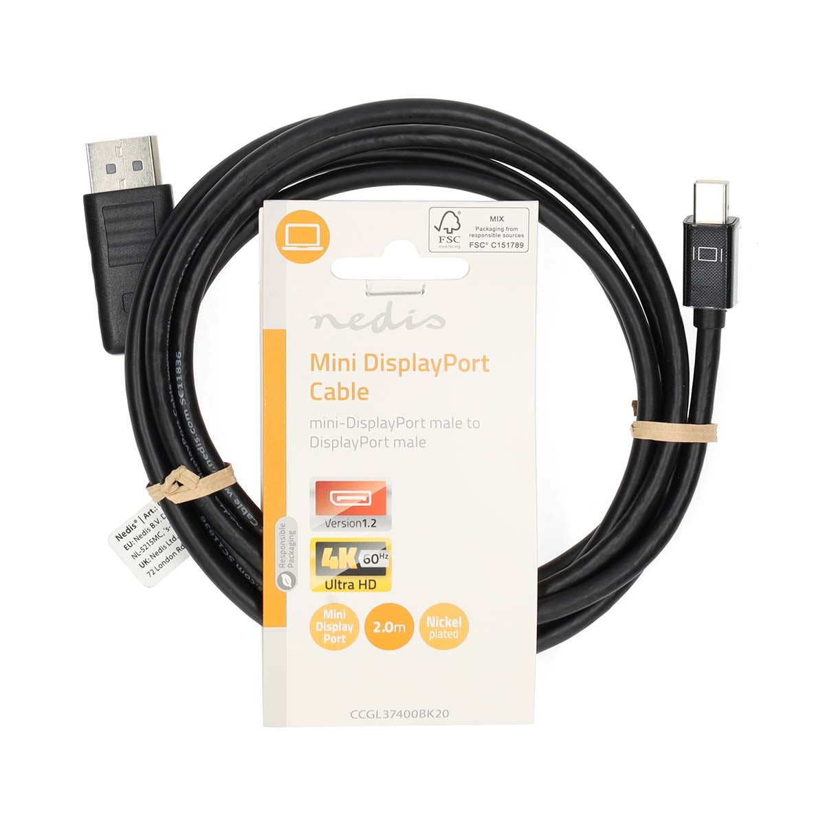 Mini Displayport Cable | DisplayPort 1.2 | Mini DisplayPort Male | DisplayPort Male | 21.6 Gbps | Nickel Plated | 2.00 m | Round | PVC | Black | Label