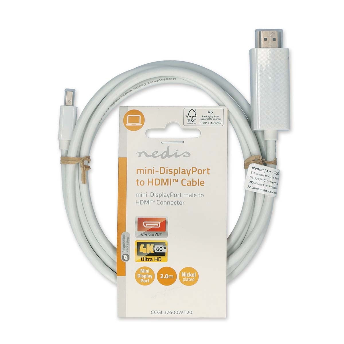 Mini Displayport Cable | DisplayPort 1.2 | Mini DisplayPort Male | HDMI™ Connector | 21.6 Gbps | Nickel Plated | 2.00 m | Round | PVC | White | Label