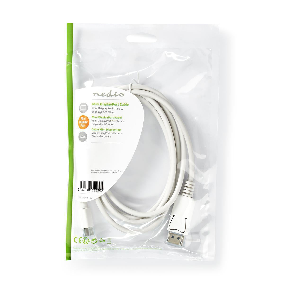 Mini Displayport Cable | DisplayPort 1.4 | Mini DisplayPort Male | DisplayPort Male | 48 Gbps | Nickel Plated | 2.00 m | Round | PVC | White | Plastic bag