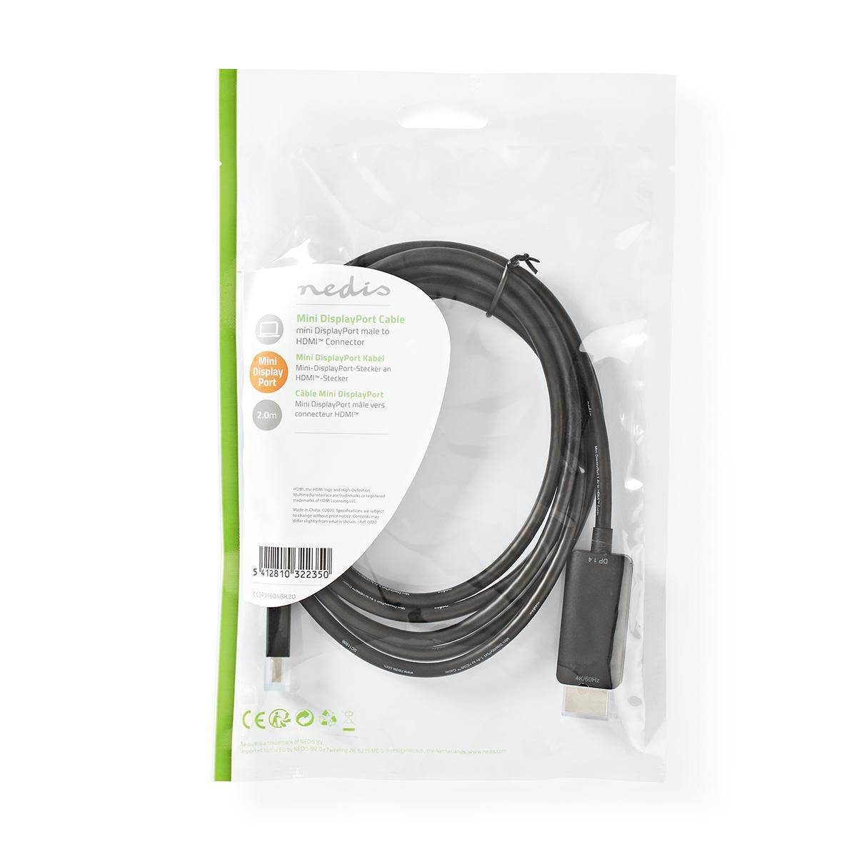 Mini Displayport Cable | DisplayPort 1.4 | Mini DisplayPort Male | HDMI™ Connector | 48 Gbps | Nickel Plated | 2.00 m | Round | PVC | Black | Plastic bag