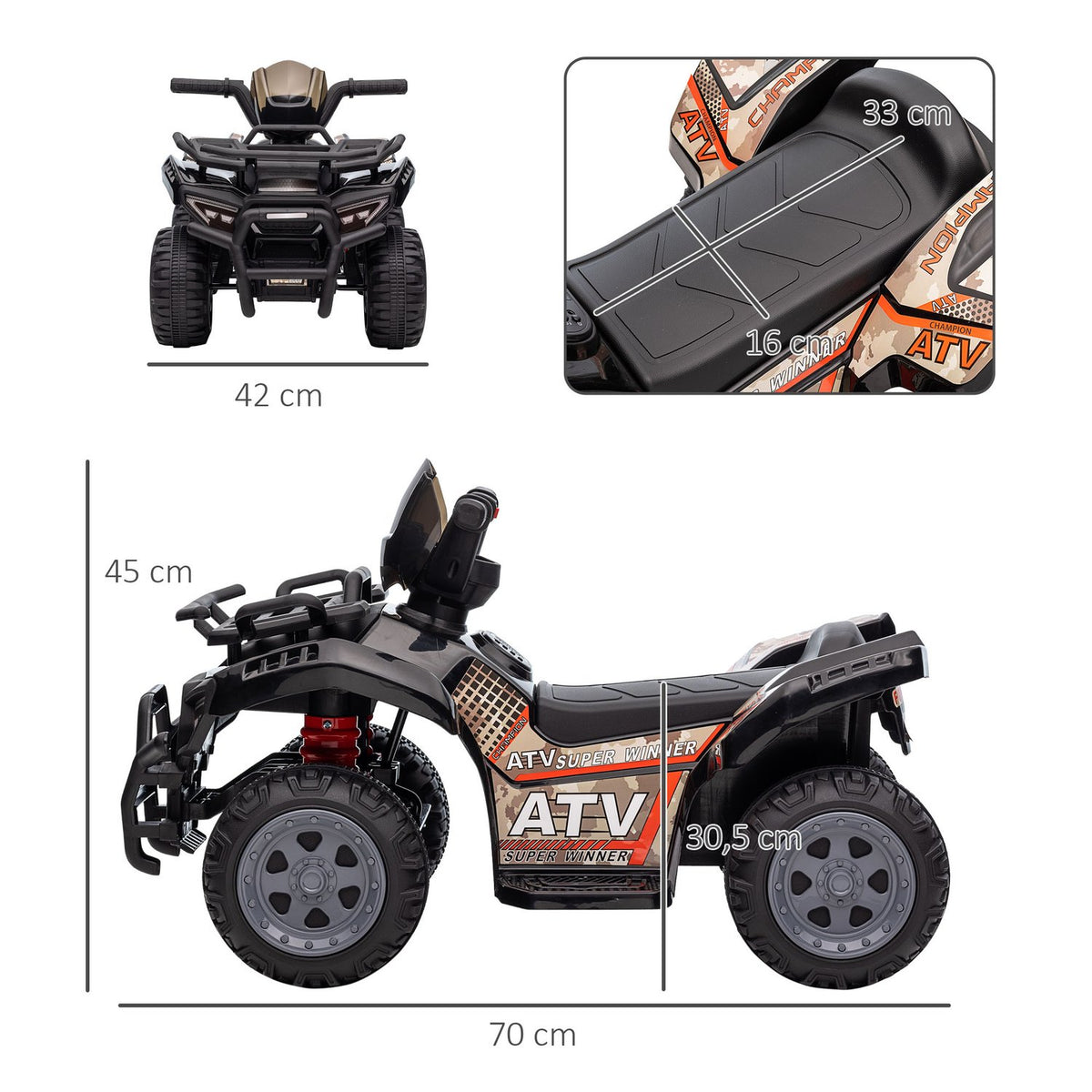 Mini Electric Quad Children'S Electric Atv Led Front Light Children'S Vehicle For 18-36 Months Children Metal Pp Plastic Black 70 X 42 X 45 Cm