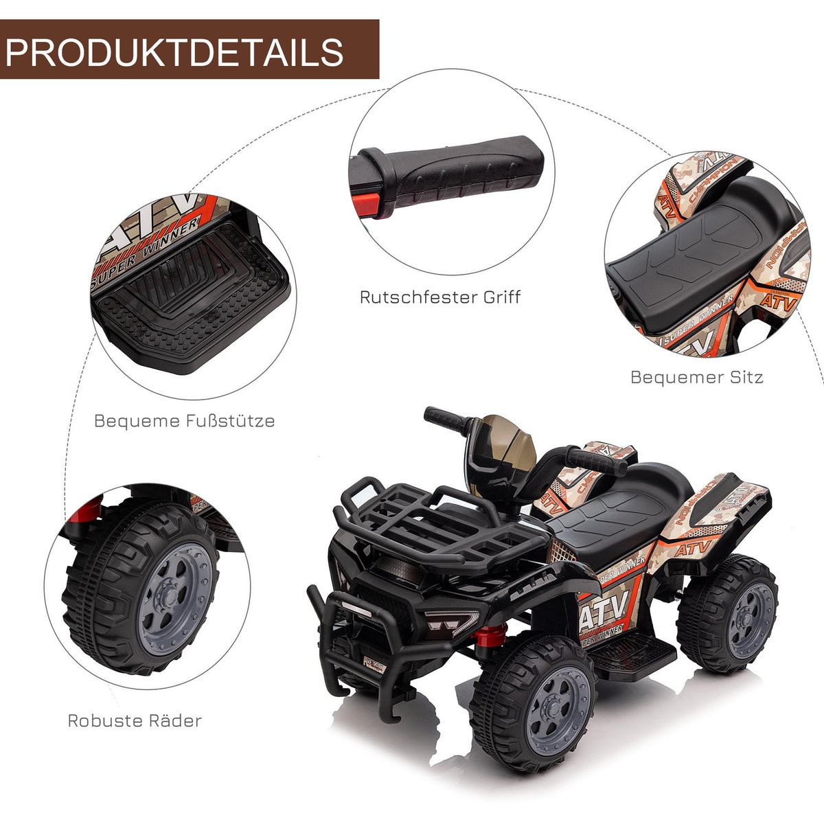 Mini Electric Quad Children'S Electric Atv Led Front Light Children'S Vehicle For 18-36 Months Children Metal Pp Plastic Black 70 X 42 X 45 Cm