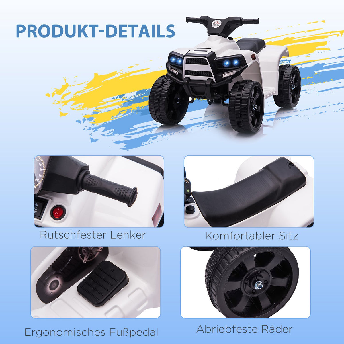 Mini Electric Quad Children's Electric ATV Stroller Electric Motorcycle with 2 Headlights Electric Quad Beach Car Shape PP Steel Black+White