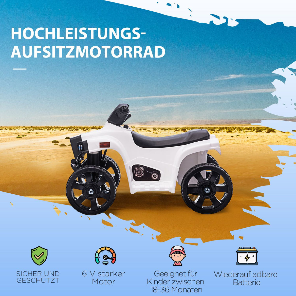 Mini Electric Quad Children's Electric ATV Stroller Electric Motorcycle with 2 Headlights Electric Quad Beach Car Shape PP Steel Black+White