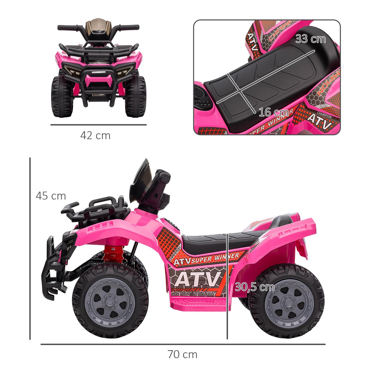 Mini Electric Quad For Children 18-36 Months, Children'S Electric Atv With Led Front Light, Metal & Pp Plastic, Pink