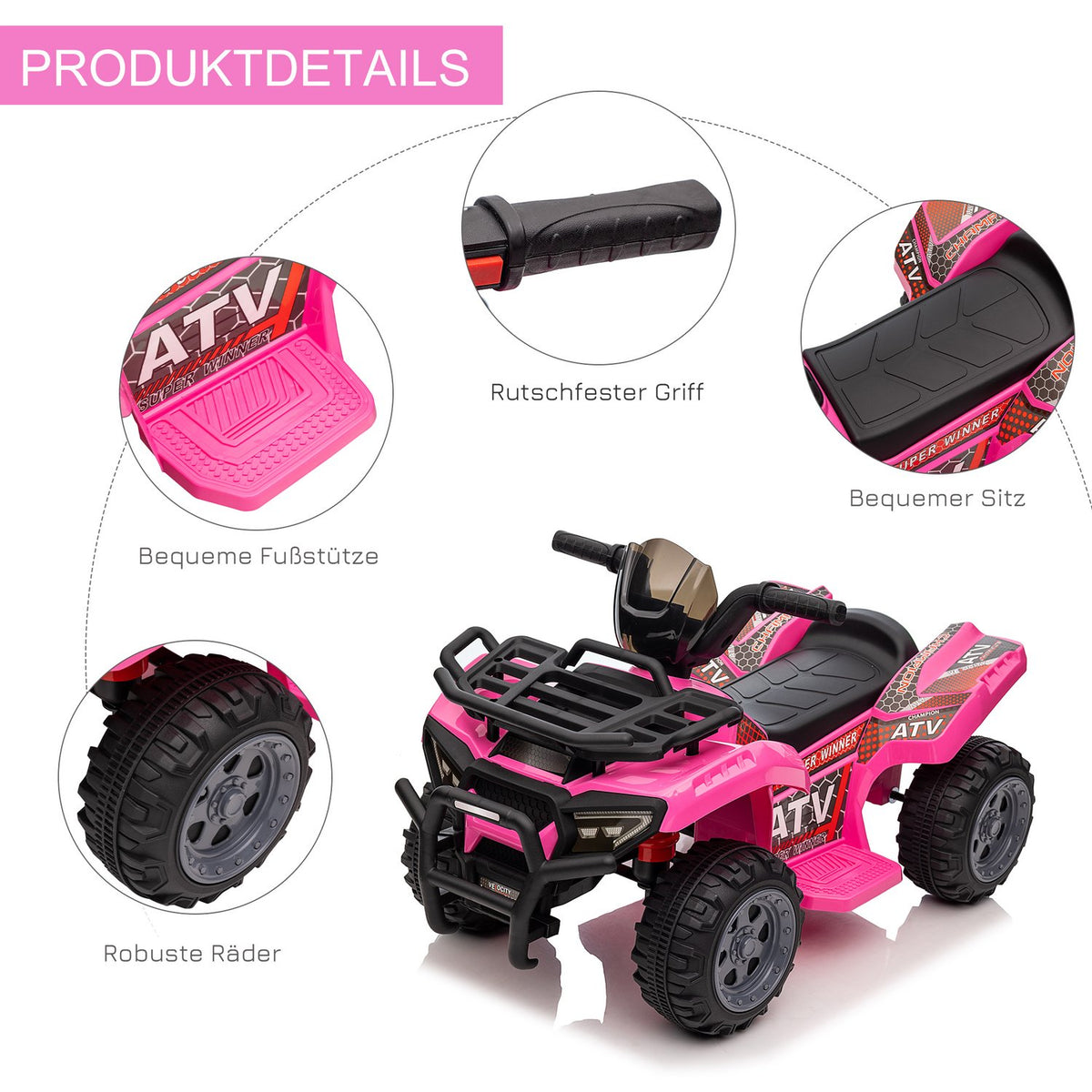 Mini Electric Quad For Children 18-36 Months, Children'S Electric Atv With Led Front Light, Metal & Pp Plastic, Pink