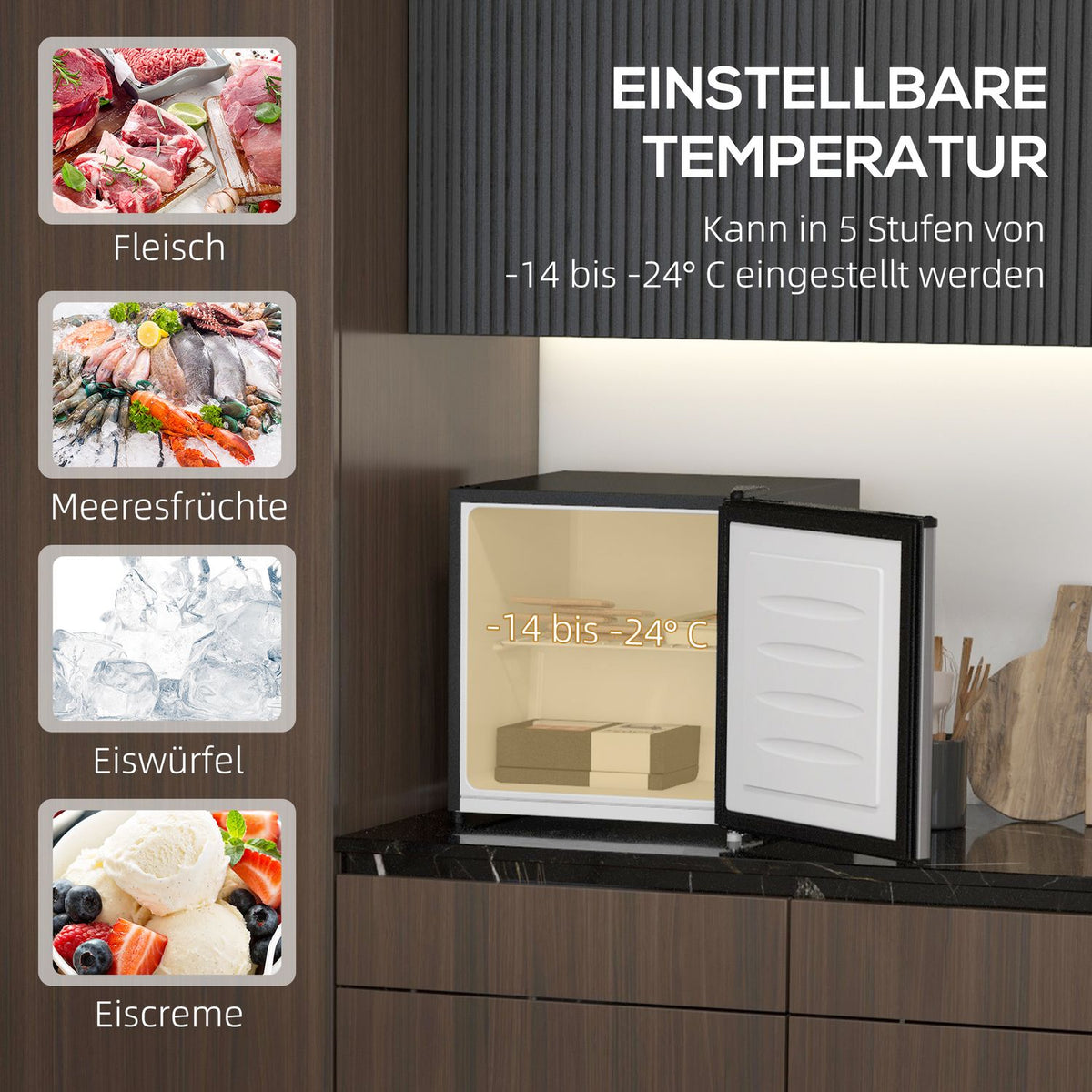 Mini Freezer, 35L Electric Freestanding Freestanding Mini Freezer, Mini Fridge, -14 to -24℃, 5 Level Temperature Control, 47 x 44.2 x 48.8 cm, Silver