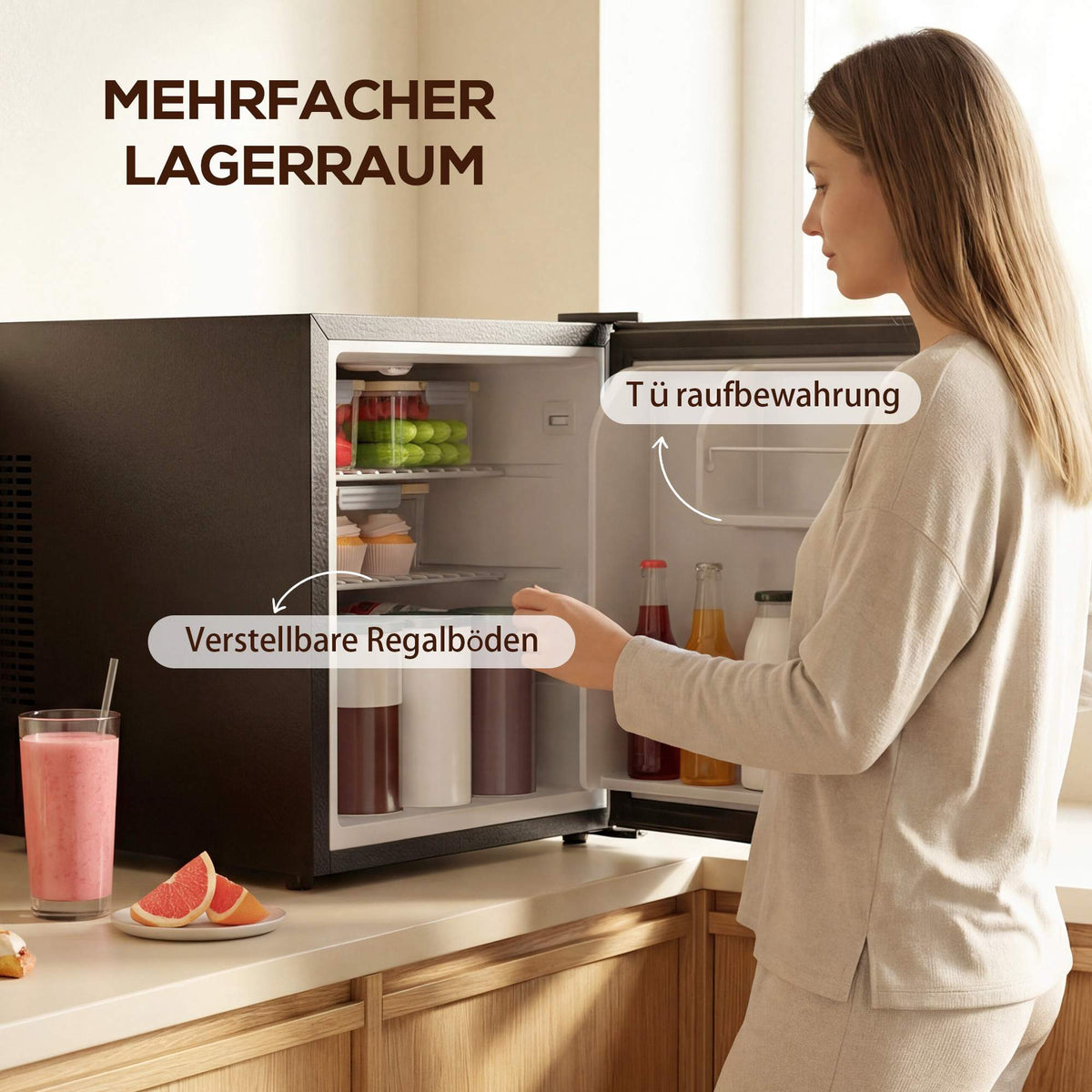 Mini Fridge 44L, Adjustable Thermostat, Black