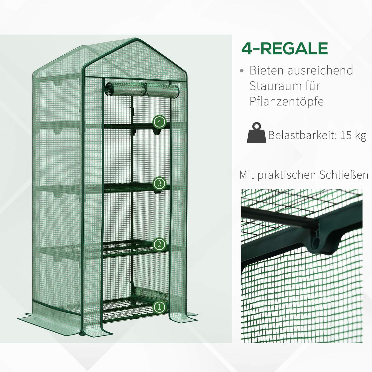 Mini Greenhouse Propagation Greenhouse With Foil Cover, 4 Shelves, Rolling Door, Vegetable Bed, Green, 69X49X158Cm