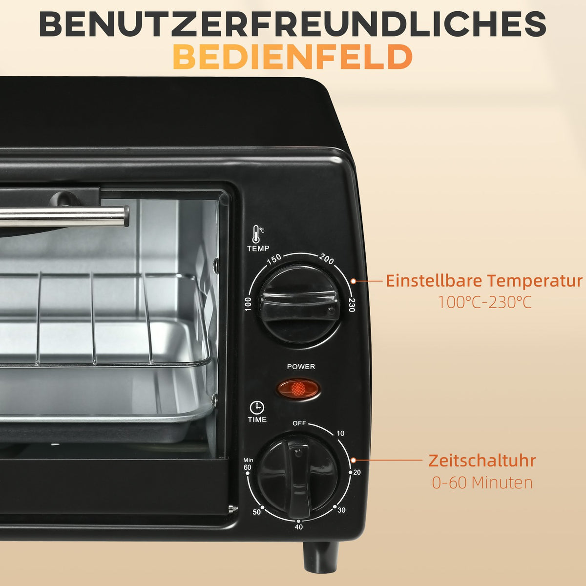 Mini Oven 10 Liter 750W Small Electric Oven With Temperature Up To 230 ℃ Timer 60 Minutes Baking Tray And Rack 36.5X26X22 Cm Black