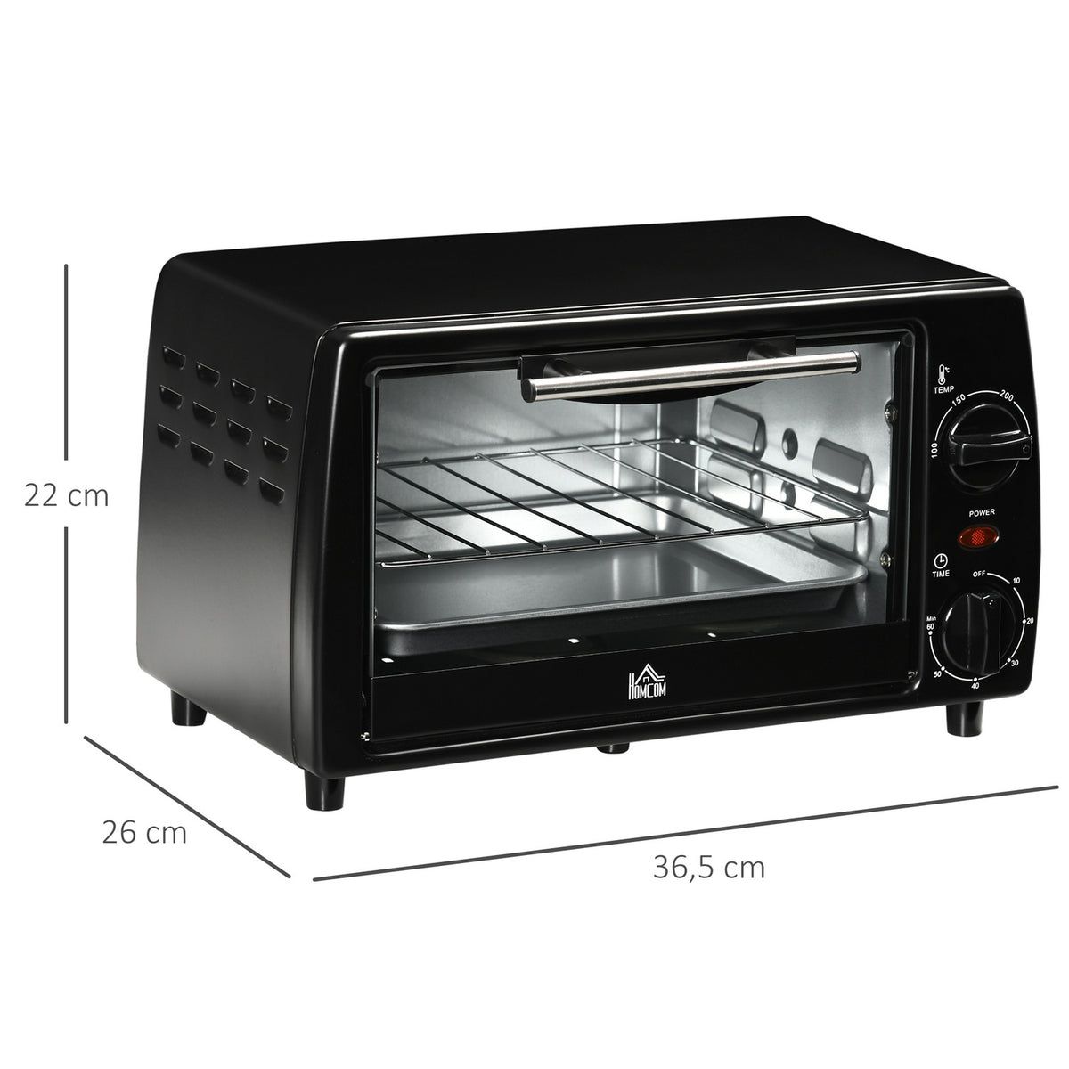 Mini Oven 10 Liter 750W Small Electric Oven With Temperature Up To 230 ℃ Timer 60 Minutes Baking Tray And Rack 36.5X26X22 Cm Black