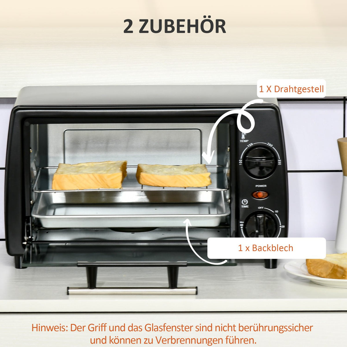 Mini Oven 10 Liter 750W Small Electric Oven With Temperature Up To 230 ℃ Timer 60 Minutes Baking Tray And Rack 36.5X26X22 Cm Black