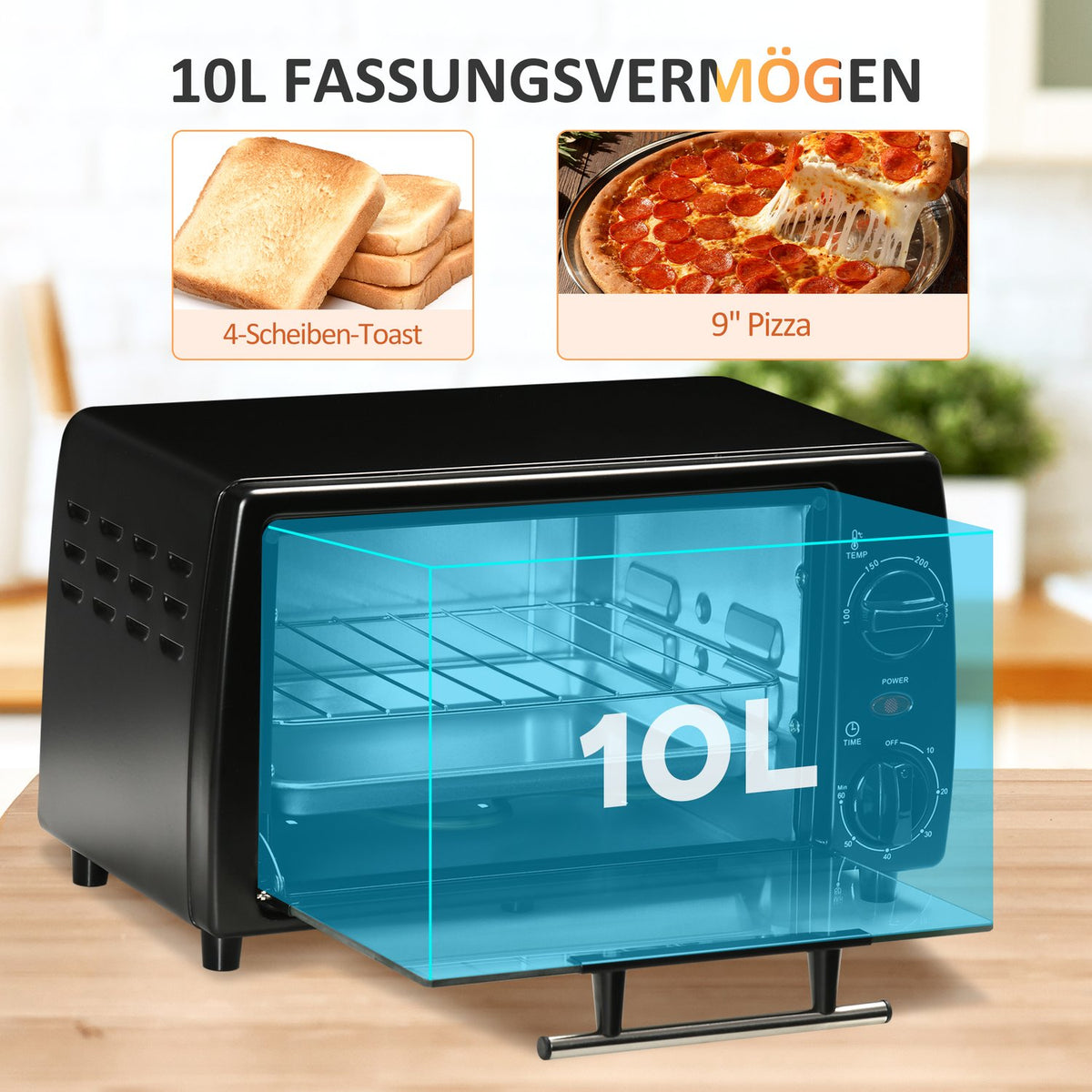 Mini Oven 10 Liter 750W Small Electric Oven With Temperature Up To 230 ℃ Timer 60 Minutes Baking Tray And Rack 36.5X26X22 Cm Black
