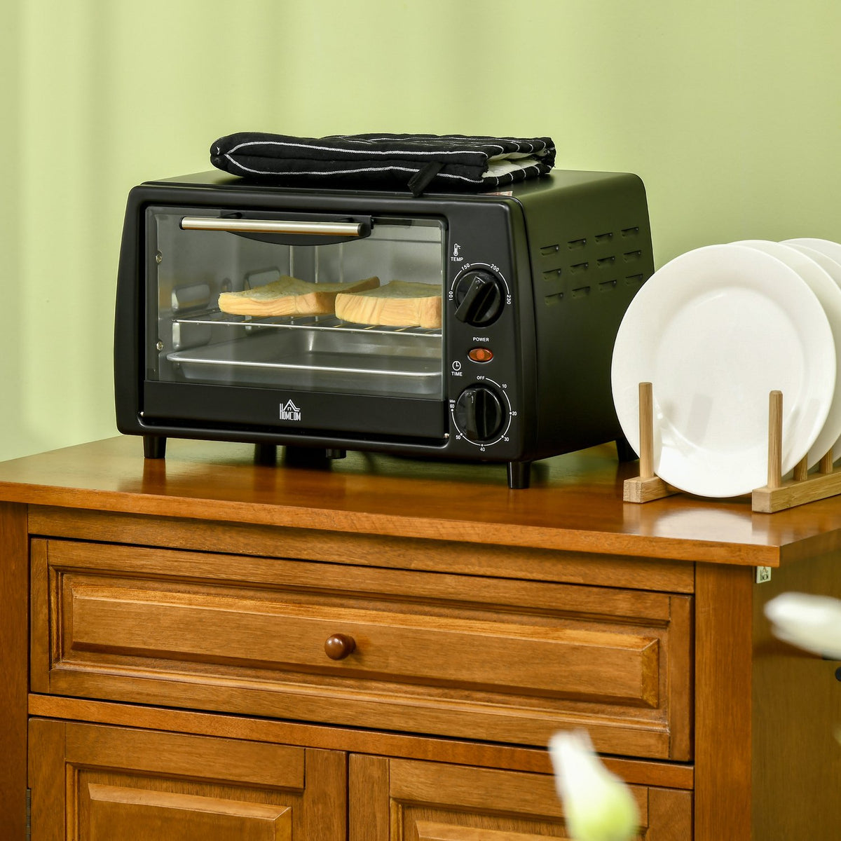 Mini Oven 10 Liter 750W Small Electric Oven With Temperature Up To 230 ℃ Timer 60 Minutes Baking Tray And Rack 36.5X26X22 Cm Black