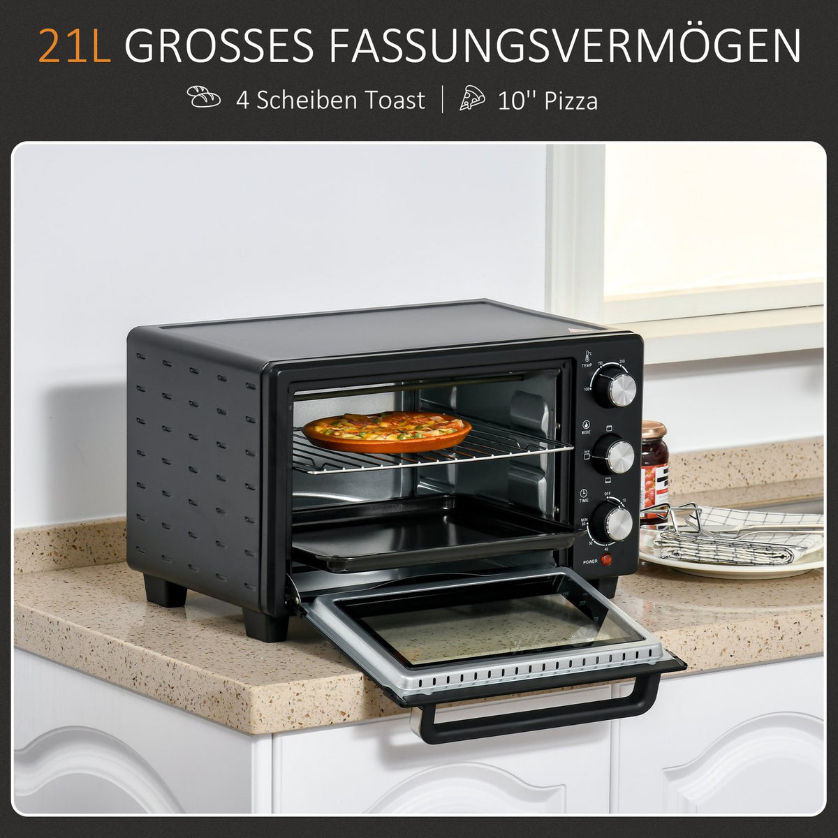 Mini Oven 21L, 3 Cooking Modes, 100°C-230°C, 1400W, Stainless Steel & Glass, Black+Silver, 46.4X38X28.5Cm