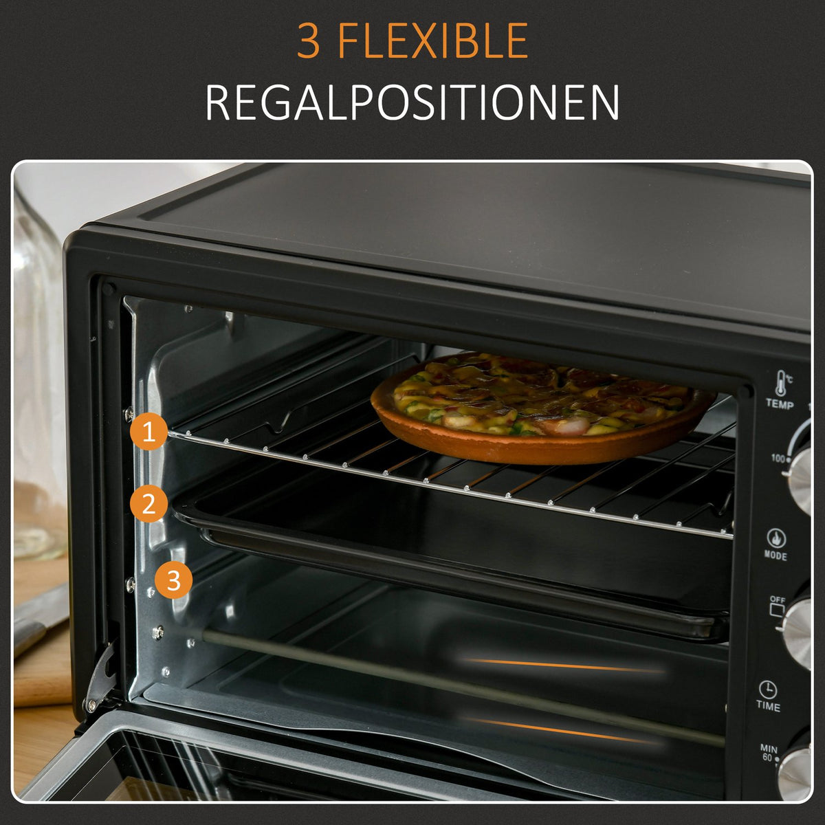 Mini Oven 21L, 3 Cooking Modes, 100°C-230°C, 1400W, Stainless Steel & Glass, Black+Silver, 46.4X38X28.5Cm