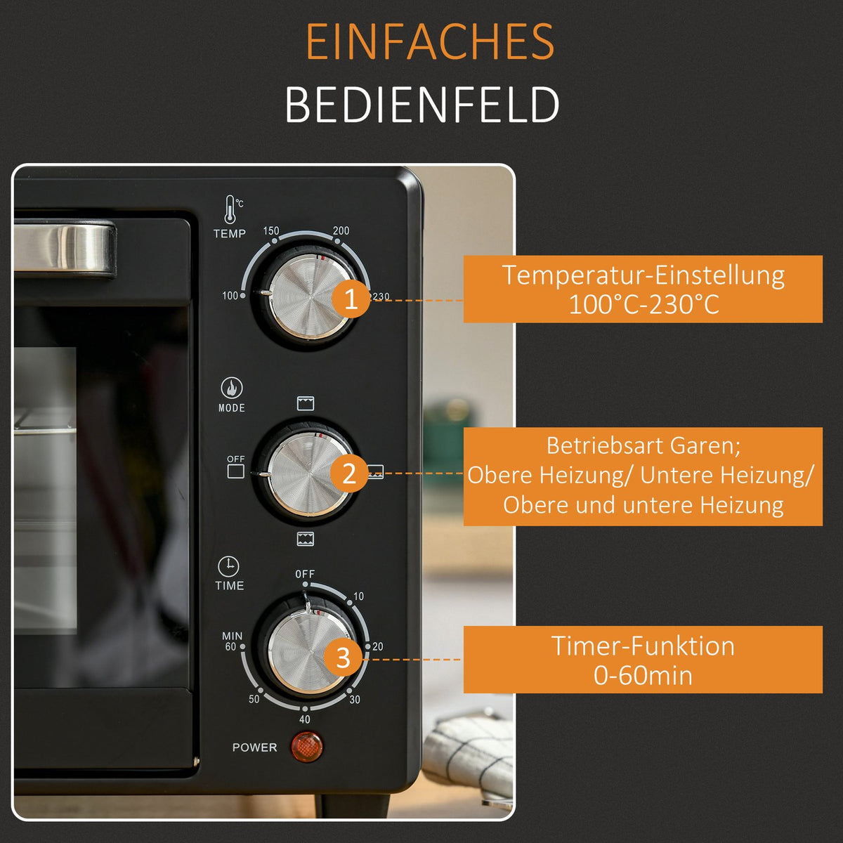 Mini Oven 21L, 3 Cooking Modes, 100°C-230°C, 1400W, Stainless Steel & Glass, Black+Silver, 46.4X38X28.5Cm