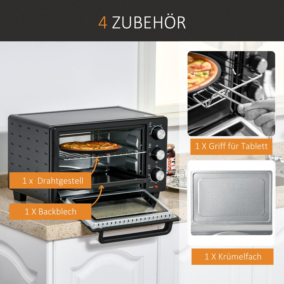 Mini Oven 21L, 3 Cooking Modes, 100°C-230°C, 1400W, Stainless Steel & Glass, Black+Silver, 46.4X38X28.5Cm