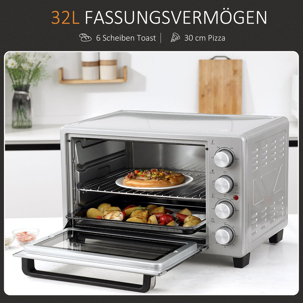 Mini Oven 32L, 1600W, Electric Oven With Slag Collection Tray, Stainless Steel & Glass, Silver, 52.2X38.1X33.5Cm
