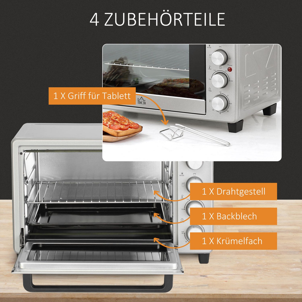 Mini Oven 32L, 1600W, Electric Oven With Slag Collection Tray, Stainless Steel & Glass, Silver, 52.2X38.1X33.5Cm