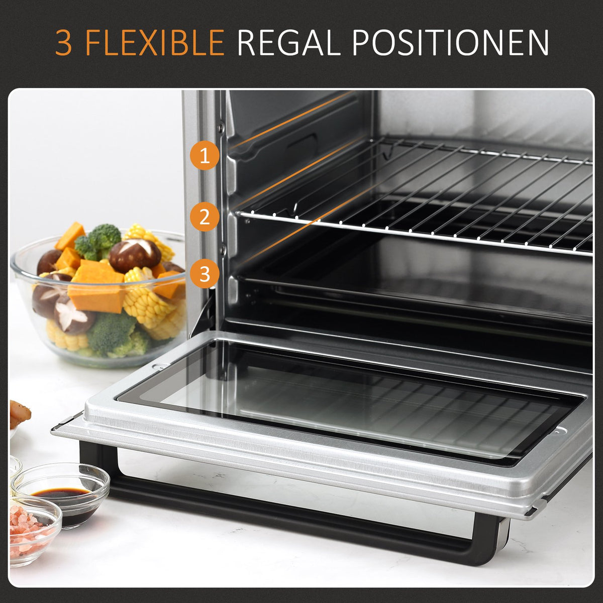 Mini Oven 32L, 1600W, Electric Oven With Slag Collection Tray, Stainless Steel & Glass, Silver, 52.2X38.1X33.5Cm