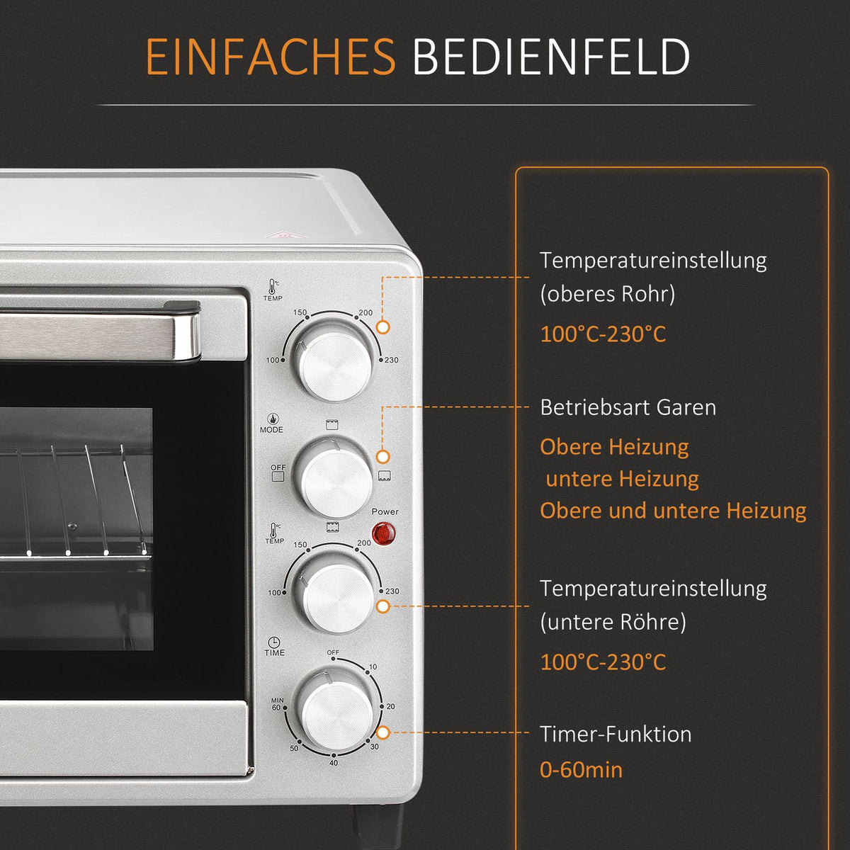 Mini Oven 32L, 1600W, Electric Oven With Slag Collection Tray, Stainless Steel & Glass, Silver, 52.2X38.1X33.5Cm