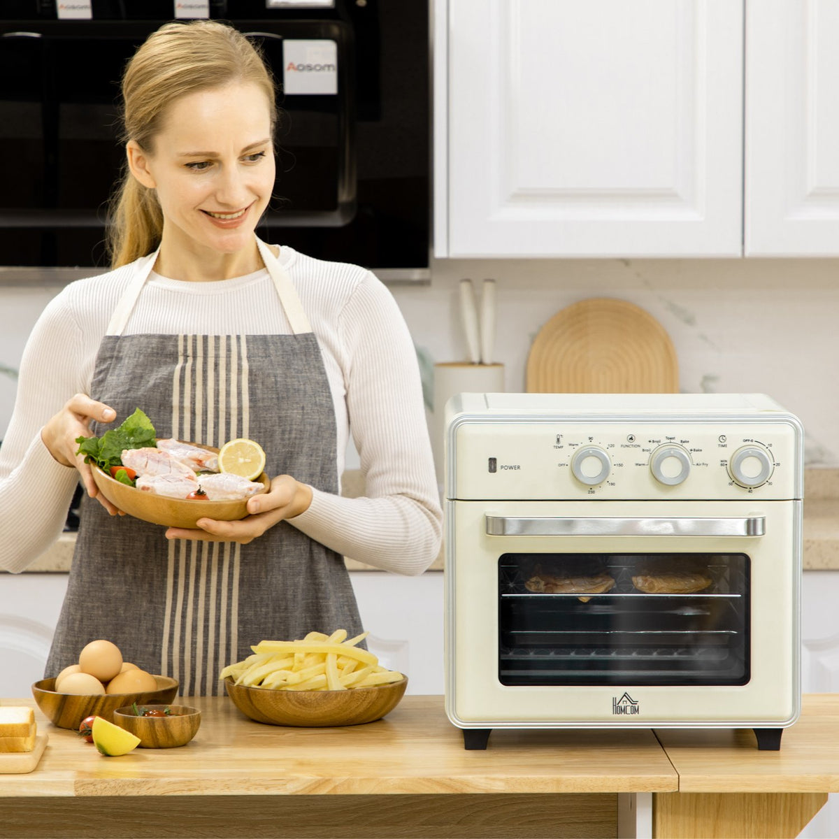 Mini Oven With Circulating Air 20L, 7 In 1 Pizza Oven Including Baking Tray Set, Frying Basket, Crumb Tray, 1 Hour Timer, 1400 W, Cream White