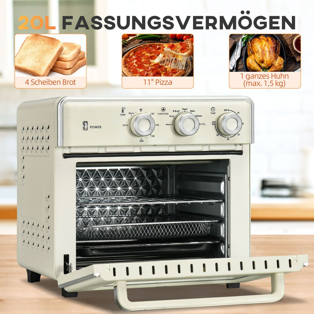 Mini Oven With Circulating Air 20L, 7 In 1 Pizza Oven Including Baking Tray Set, Frying Basket, Crumb Tray, 1 Hour Timer, 1400 W, Cream White