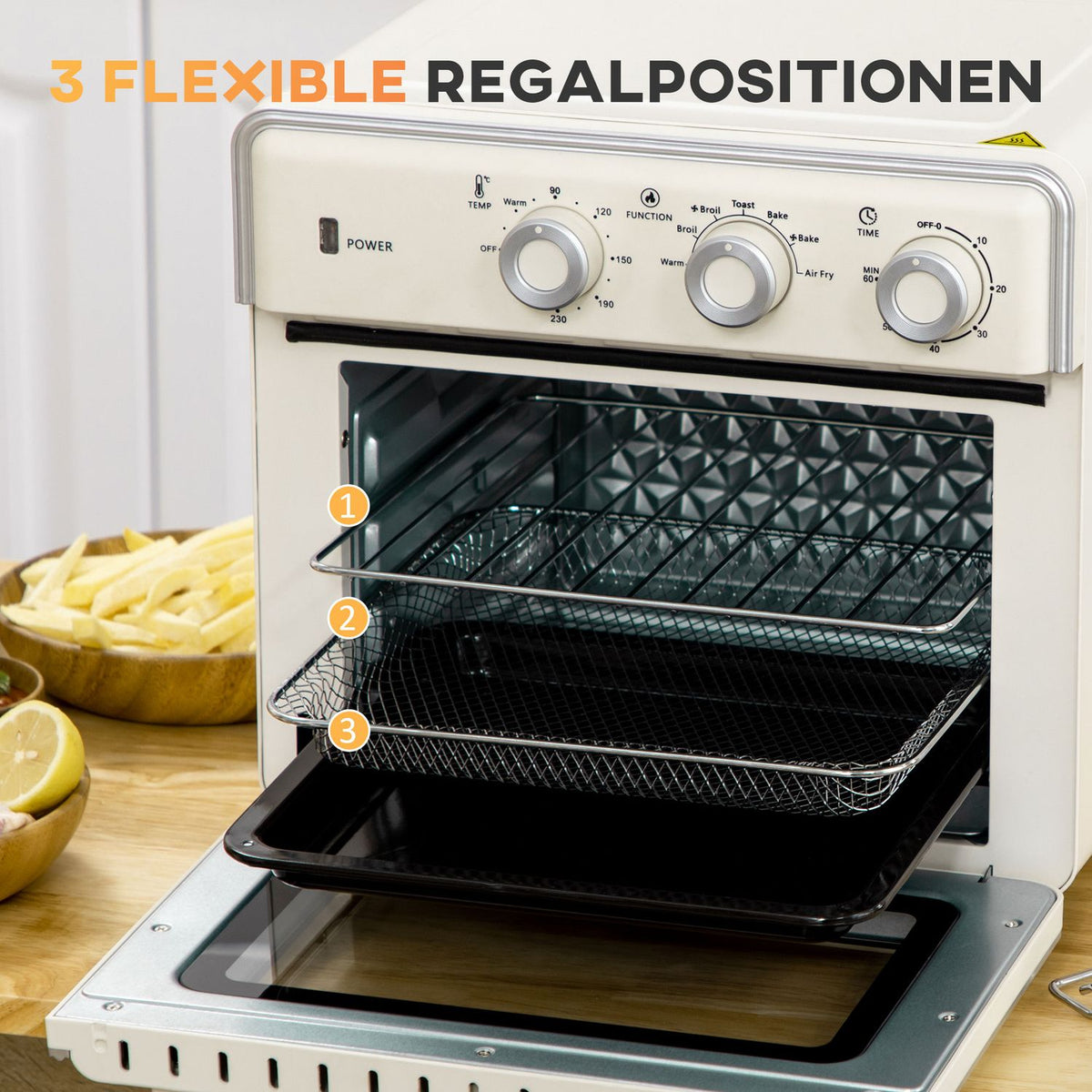 Mini Oven With Circulating Air 20L, 7 In 1 Pizza Oven Including Baking Tray Set, Frying Basket, Crumb Tray, 1 Hour Timer, 1400 W, Cream White