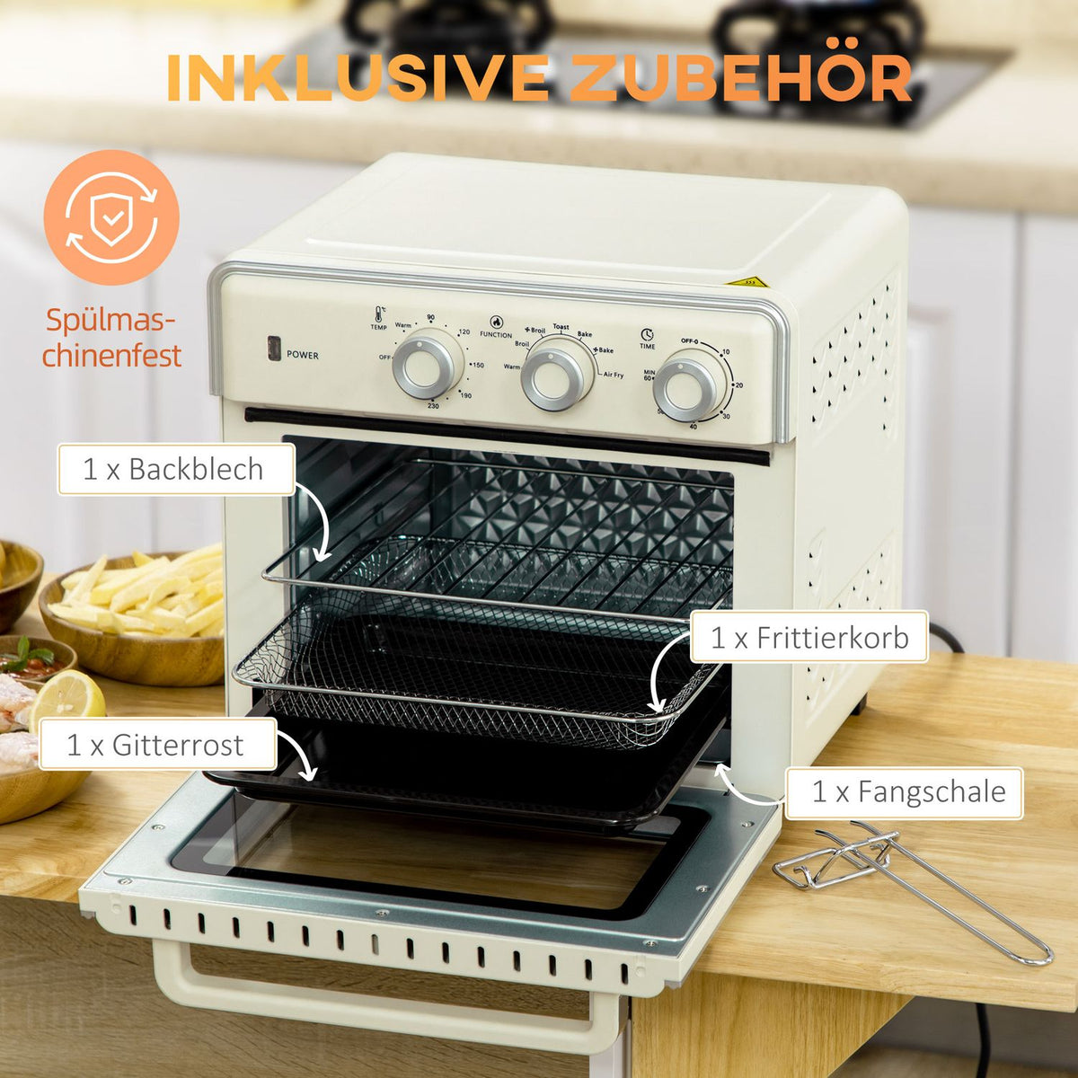 Mini Oven With Circulating Air 20L, 7 In 1 Pizza Oven Including Baking Tray Set, Frying Basket, Crumb Tray, 1 Hour Timer, 1400 W, Cream White