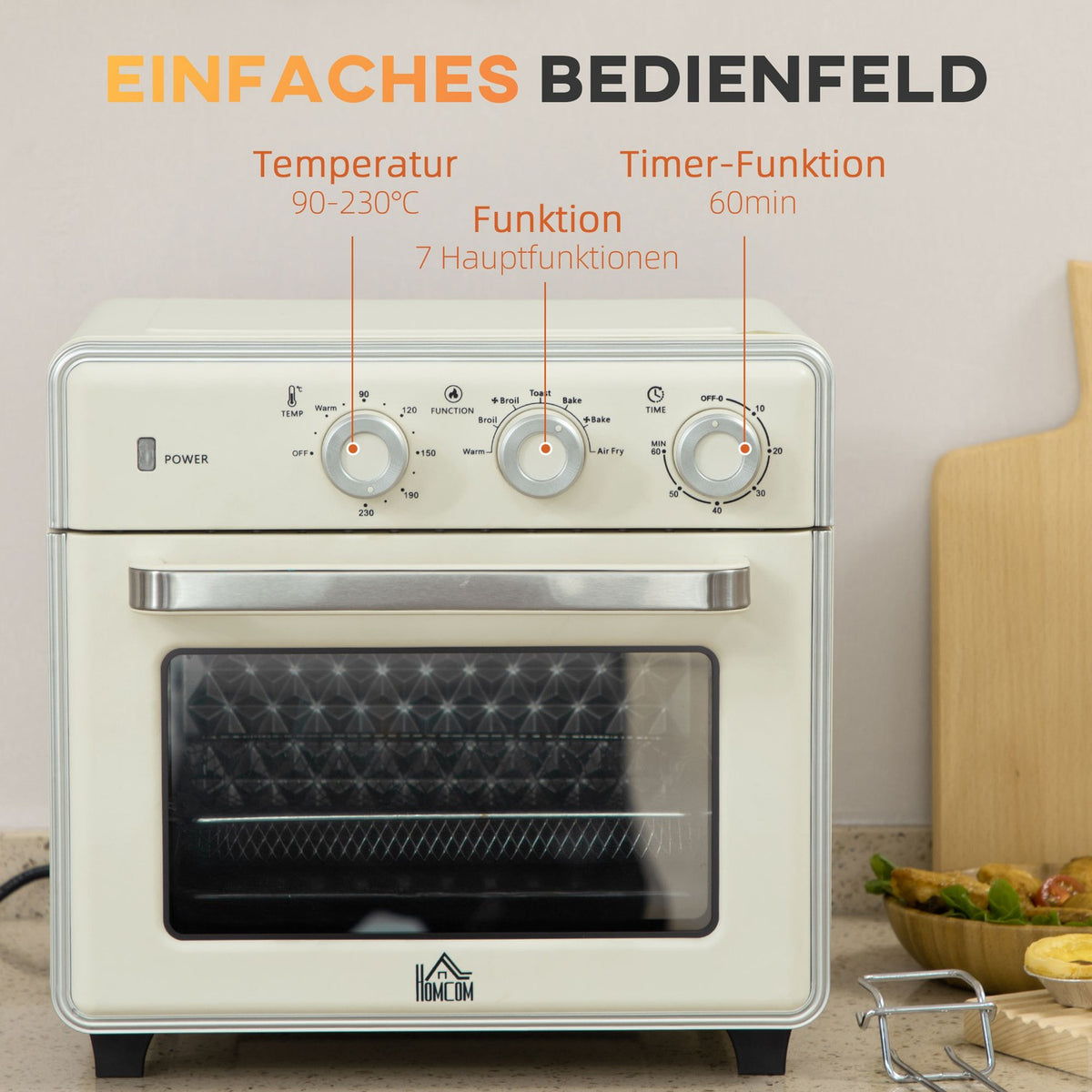 Mini Oven With Circulating Air 20L, 7 In 1 Pizza Oven Including Baking Tray Set, Frying Basket, Crumb Tray, 1 Hour Timer, 1400 W, Cream White
