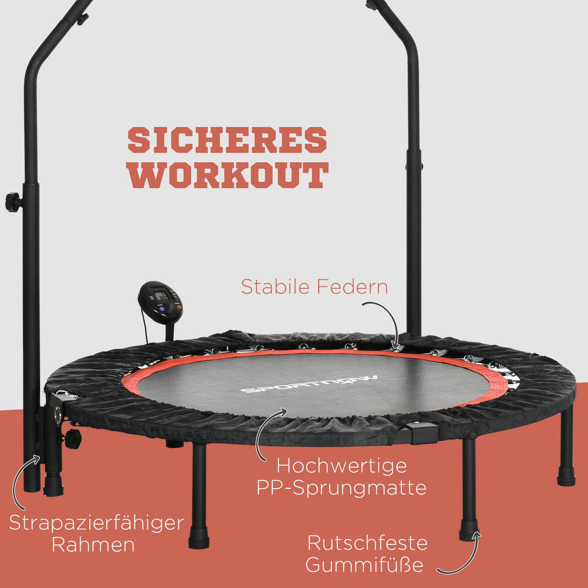 Mini Trampoline Lcd Monitor 102 Cm Fitness Trampoline With 4-Way Height-Adjustable Handle Up To 100 Kg