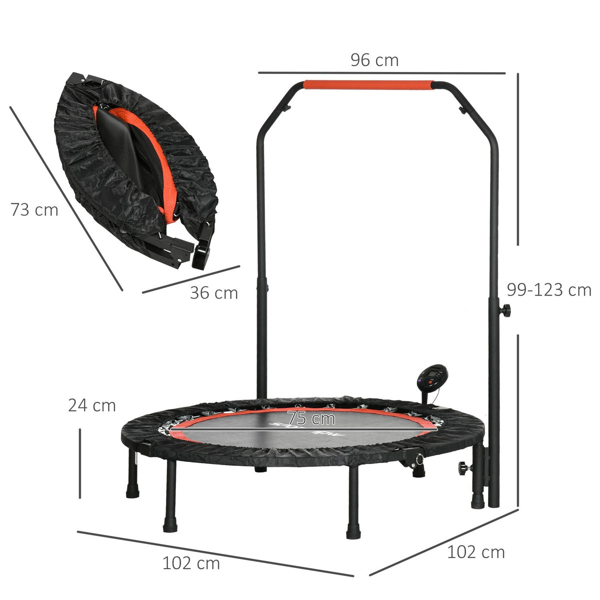 Mini Trampoline Lcd Monitor 102 Cm Fitness Trampoline With 4-Way Height-Adjustable Handle Up To 100 Kg