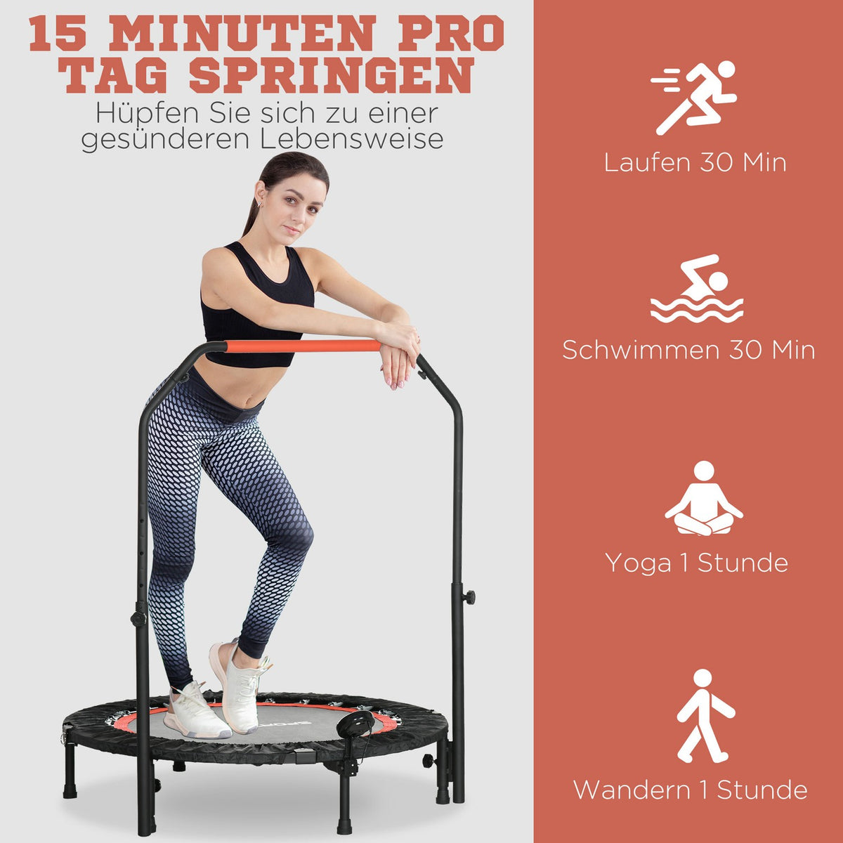 Mini Trampoline Lcd Monitor 102 Cm Fitness Trampoline With 4-Way Height-Adjustable Handle Up To 100 Kg