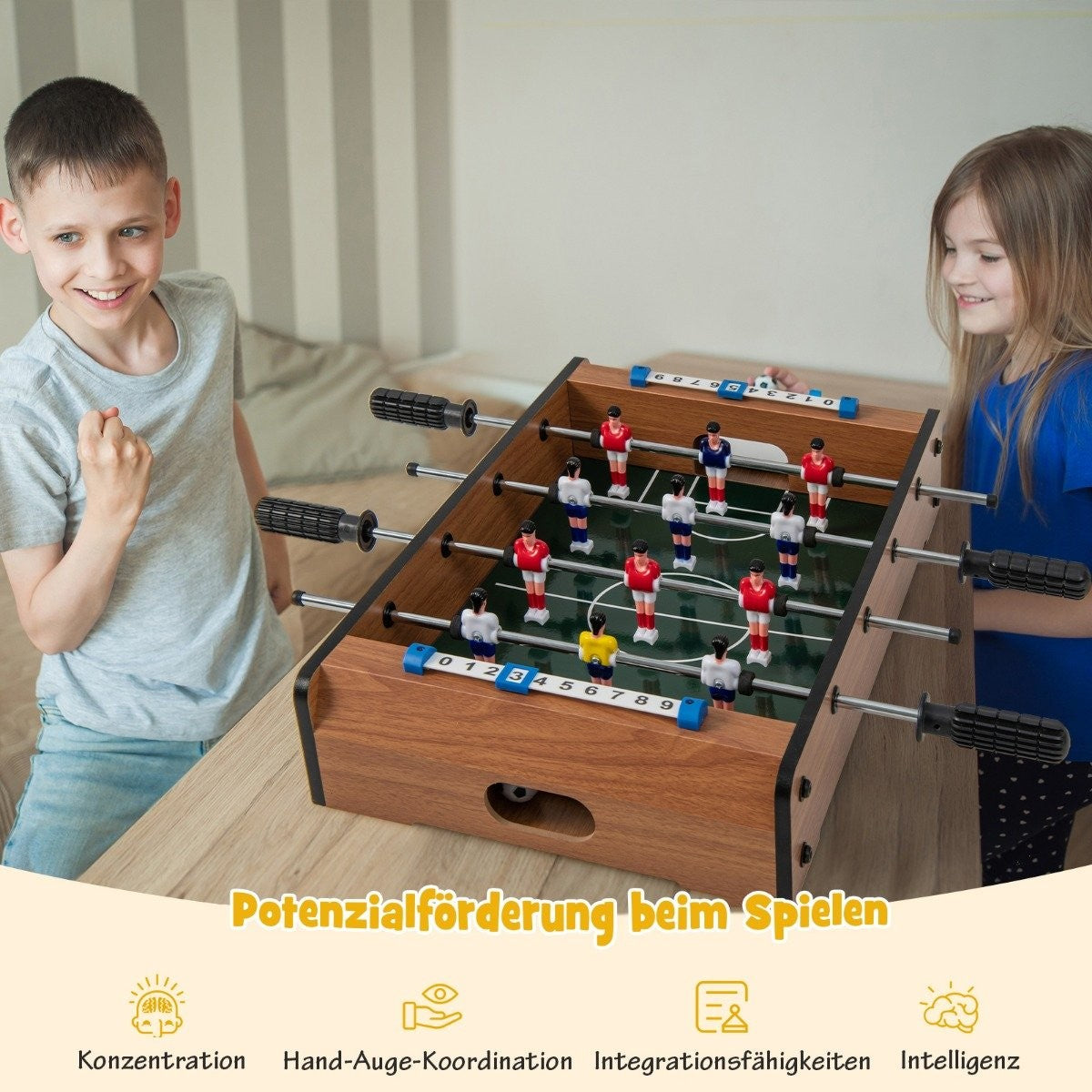 Mini football table for 2 players, space-saving foosball table with robust handle, 51 x 30.5 x 9 cm, natural