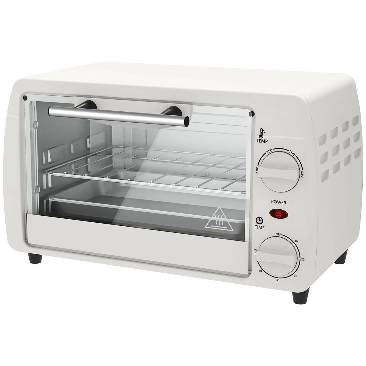 Mini oven 10 liters 750W Small electric oven with temperature up to 230? Timer 60 minutes baking tray and rack 36.5x26x22 cm cream white