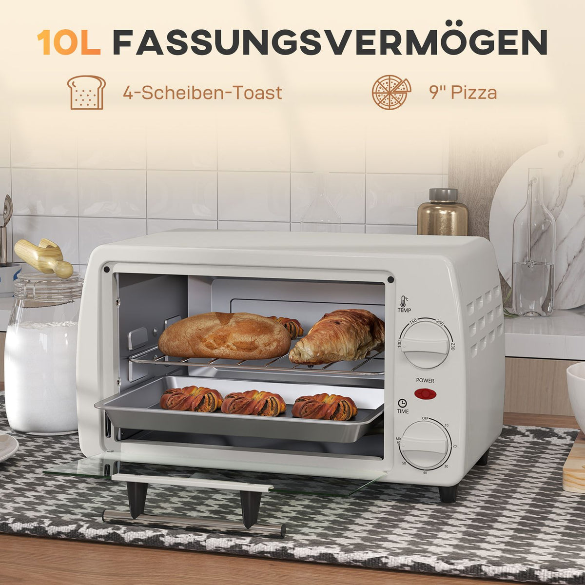 Mini oven 10 liters 750W Small electric oven with temperature up to 230? Timer 60 minutes baking tray and rack 36.5x26x22 cm cream white