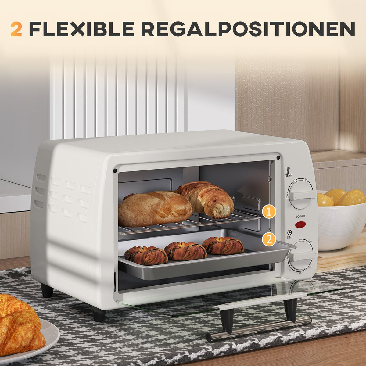 Mini oven 10 liters 750W Small electric oven with temperature up to 230? Timer 60 minutes baking tray and rack 36.5x26x22 cm cream white