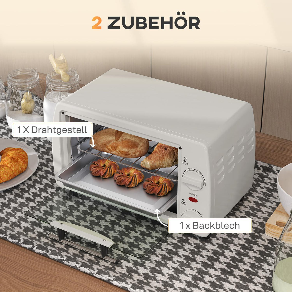 Mini oven 10 liters 750W Small electric oven with temperature up to 230? Timer 60 minutes baking tray and rack 36.5x26x22 cm cream white