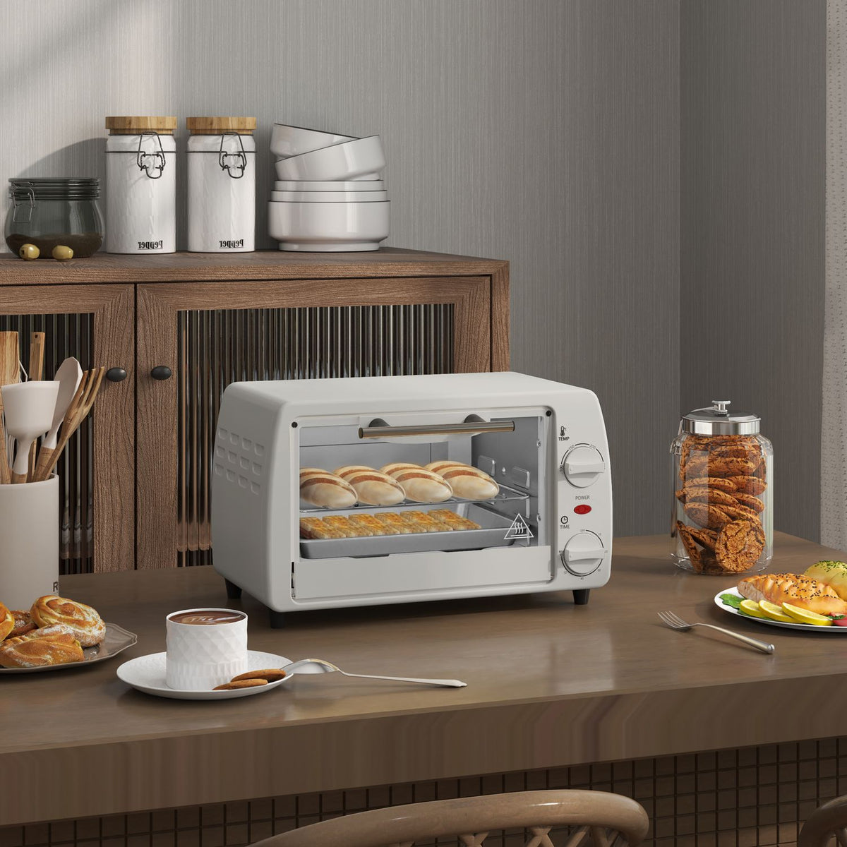 Mini oven 10 liters 750W Small electric oven with temperature up to 230? Timer 60 minutes baking tray and rack 36.5x26x22 cm cream white