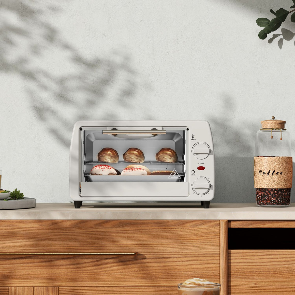 Mini oven 10 liters 750W Small electric oven with temperature up to 230? Timer 60 minutes baking tray and rack 36.5x26x22 cm cream white