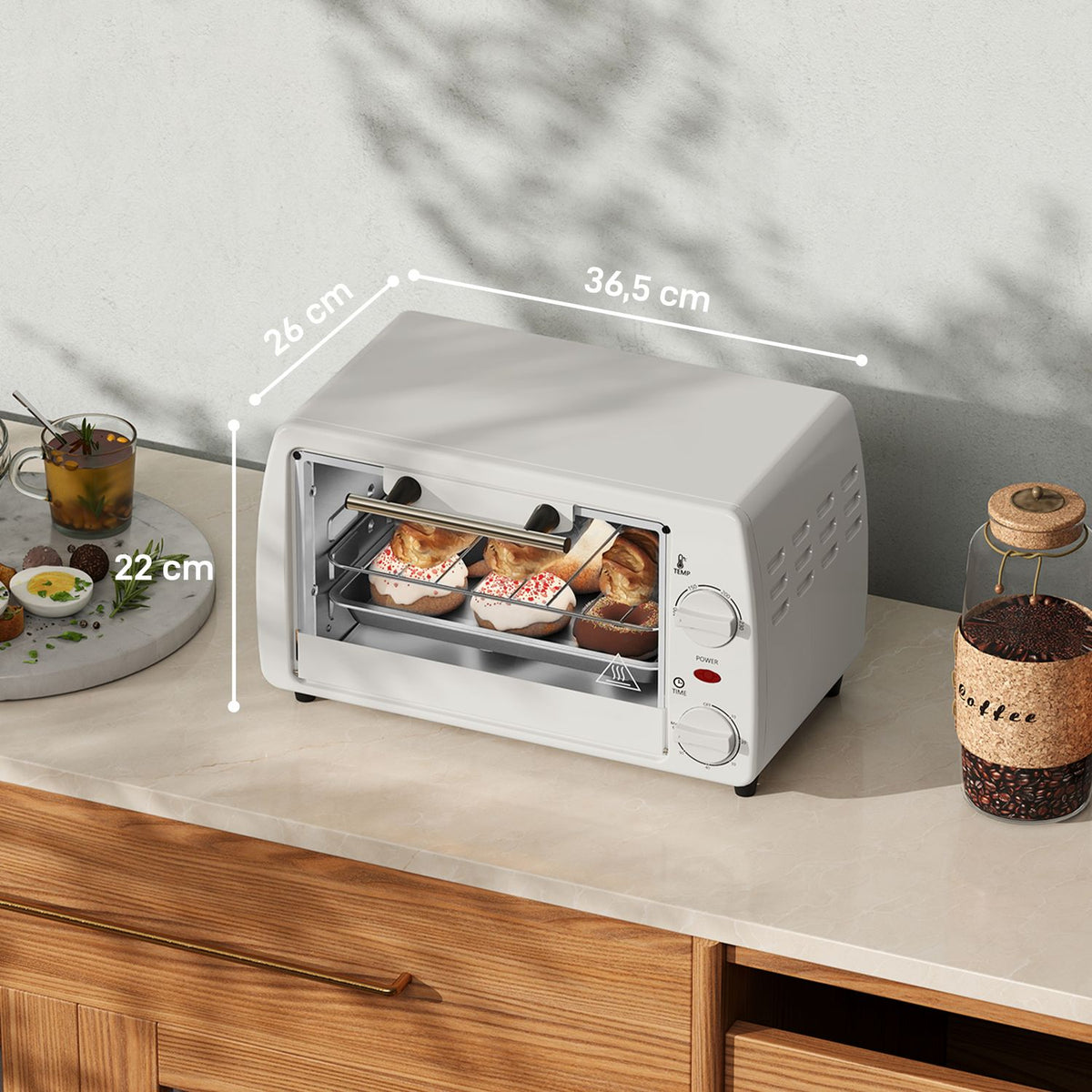 Mini oven 10 liters 750W Small electric oven with temperature up to 230? Timer 60 minutes baking tray and rack 36.5x26x22 cm cream white