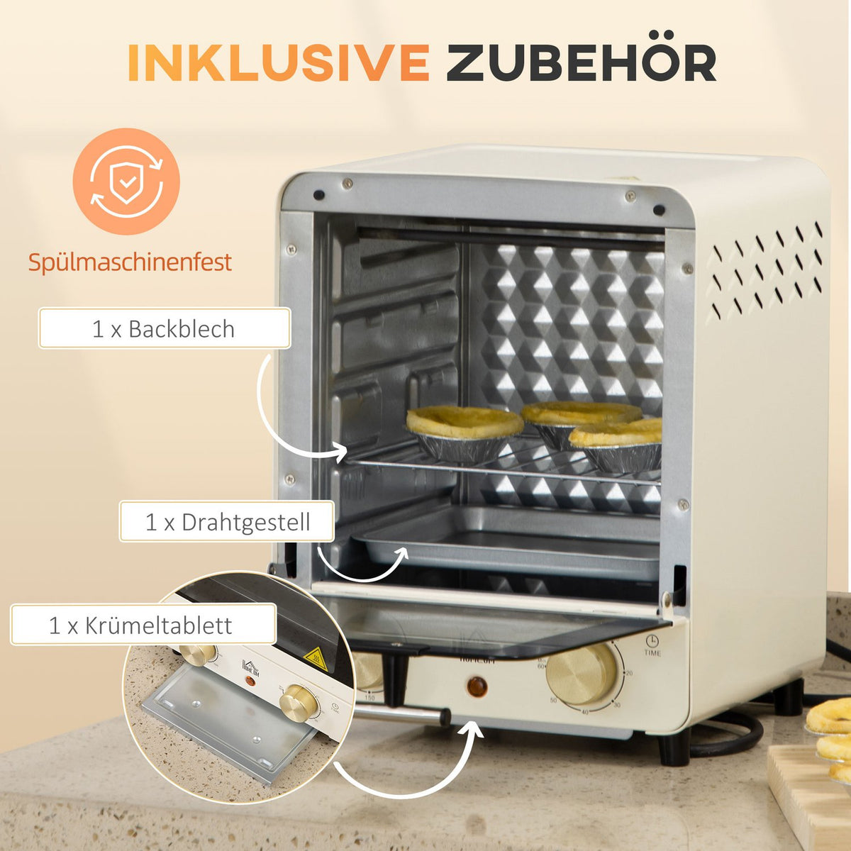 Mini oven 15L, 1 hour timer, 60-230°C, pizza oven with circulating air, 1000 W, mini oven with baking tray set, crumb tray, cream white
