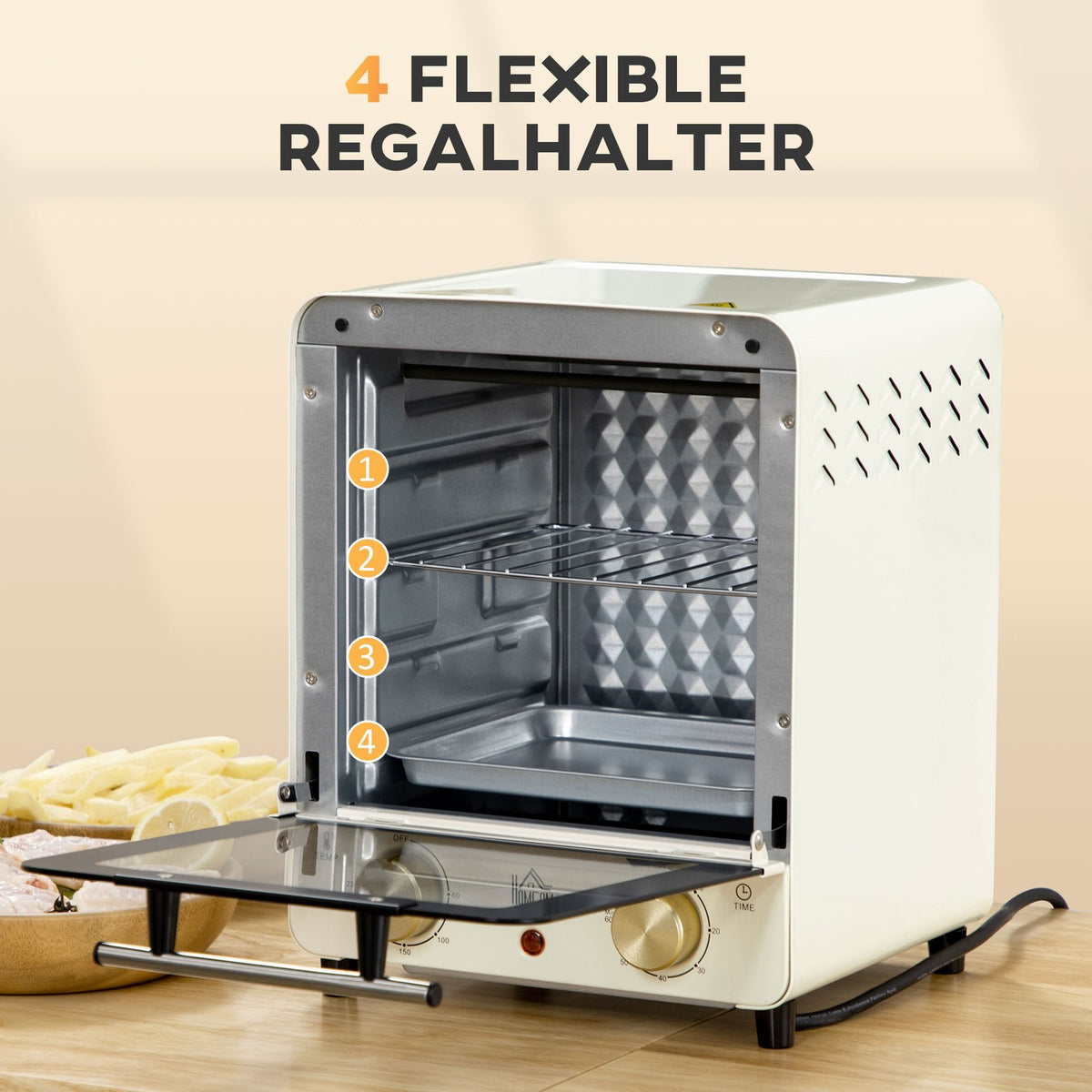 Mini oven 15L, 1 hour timer, 60-230°C, pizza oven with circulating air, 1000 W, mini oven with baking tray set, crumb tray, cream white