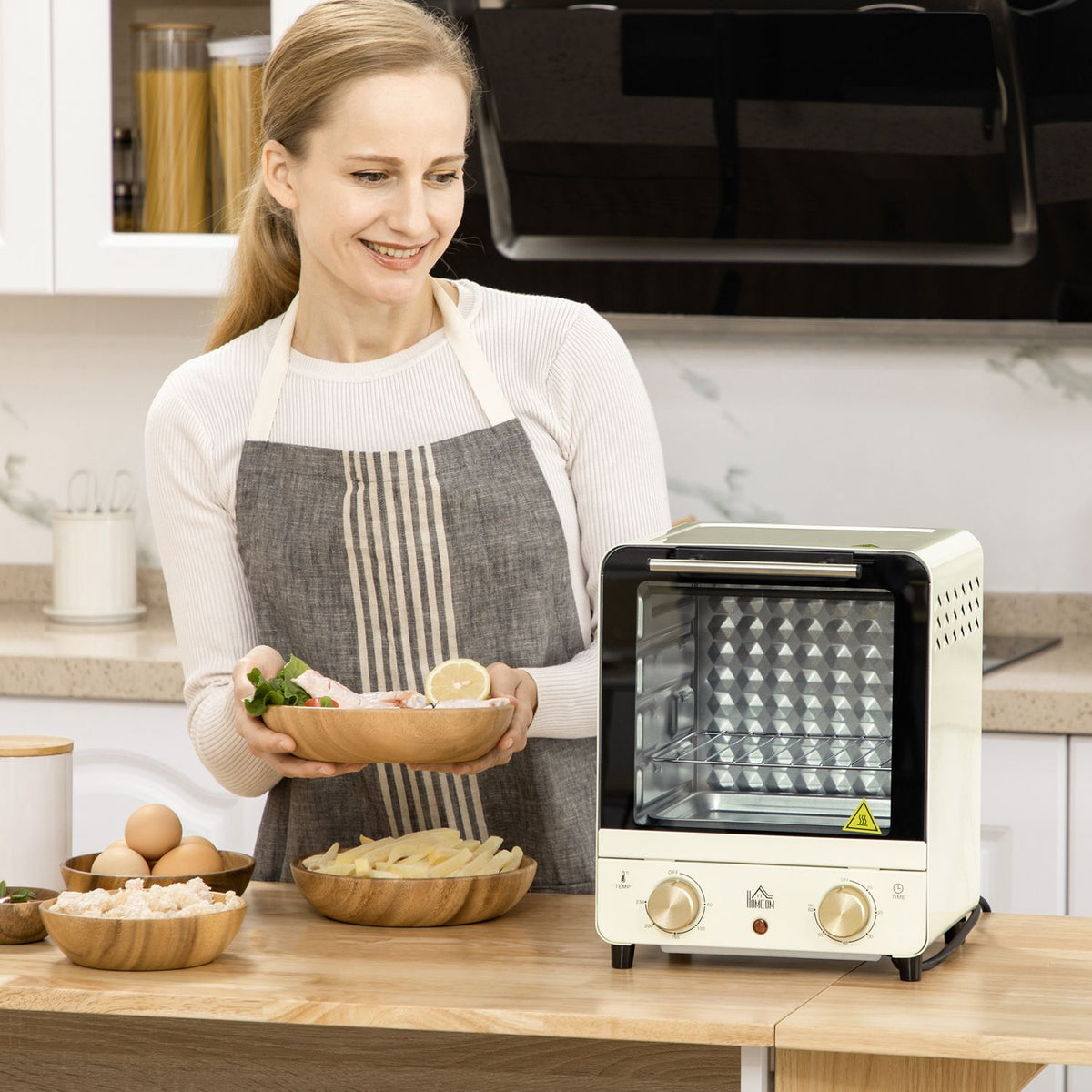 Mini oven 15L, 1 hour timer, 60-230°C, pizza oven with circulating air, 1000 W, mini oven with baking tray set, crumb tray, cream white